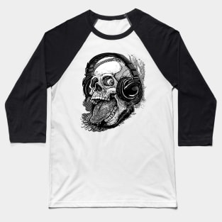 Skull Giving Raspberry With Music Headphones BW Baseball T-Shirt